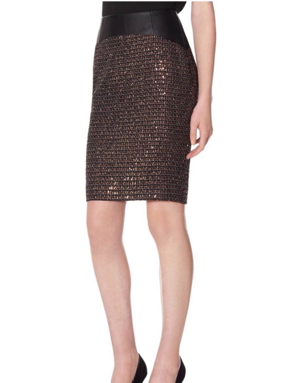 The Limited High Waist Metallic Tweed Shine Pencil Skirt in Black and Bronze